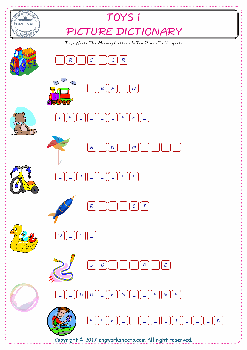  Type in the blank and learn the missing letters in the Toys words given for kids English worksheet. 